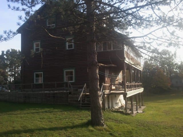 brown tall cabin in the middle of green field, surrounded by tall brown trees